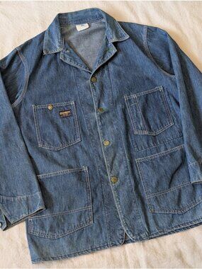 Vintage 60s Oshkosh B'Gosh Union Made Dark Denim Chore Coat Size 44 USA Made